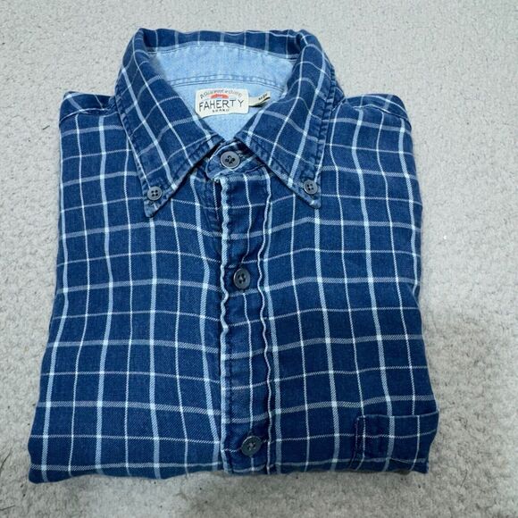 Faherty Shirt Men Medium Blue Ventura Check Plaid Grid Button Casual Pocket Surf - Picture 1 of 16